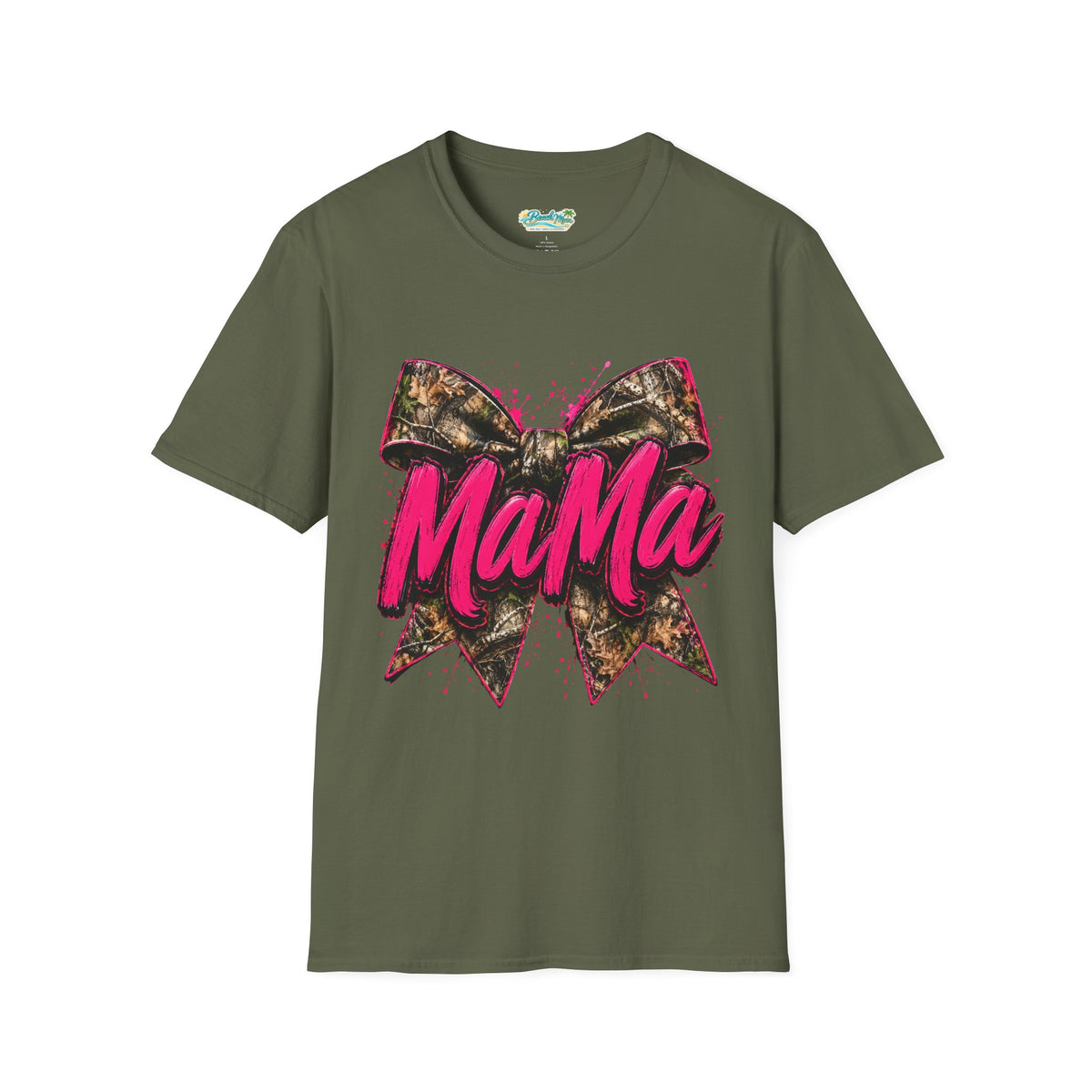 Mama Graphic T-Shirt — Pink Script with Camo Bow