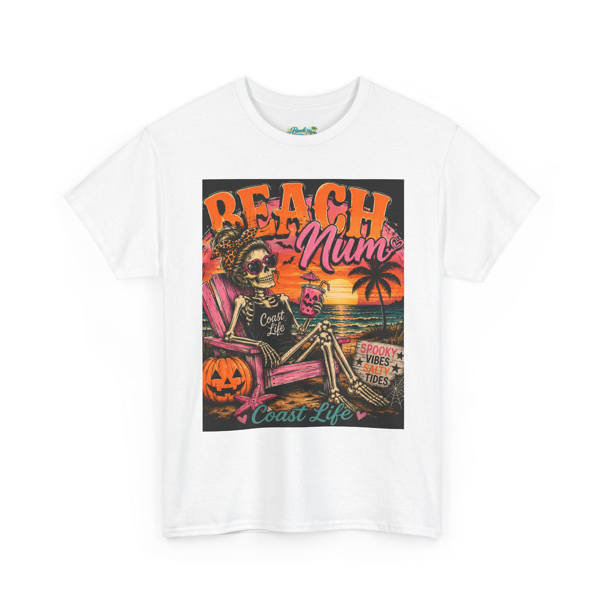 Beach Mum Halloween Tee — Retro Skull, Pumpkin & Sunset Coastal Graphic Tee