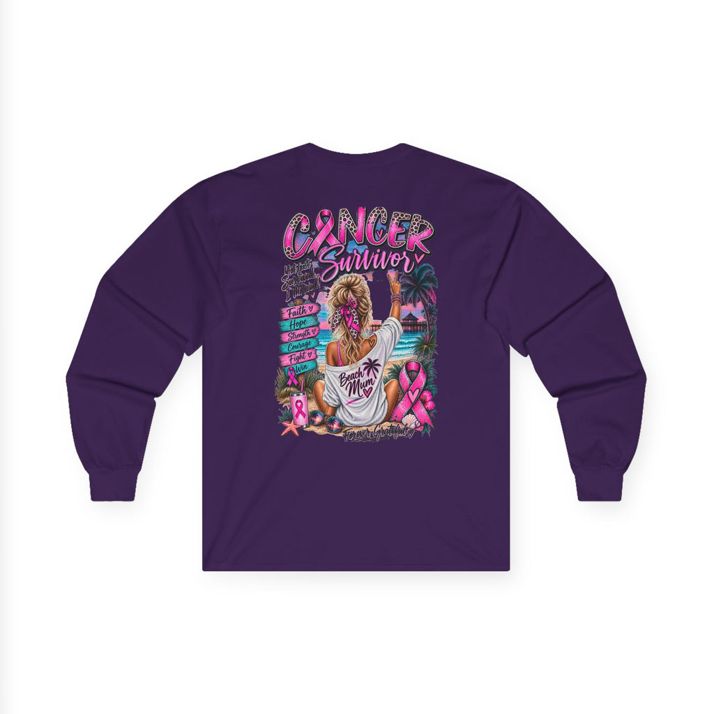 Long Sleeve Tee —  Pink Cancer Survivor Retro Beach Design (Breast Cancer Awareness)