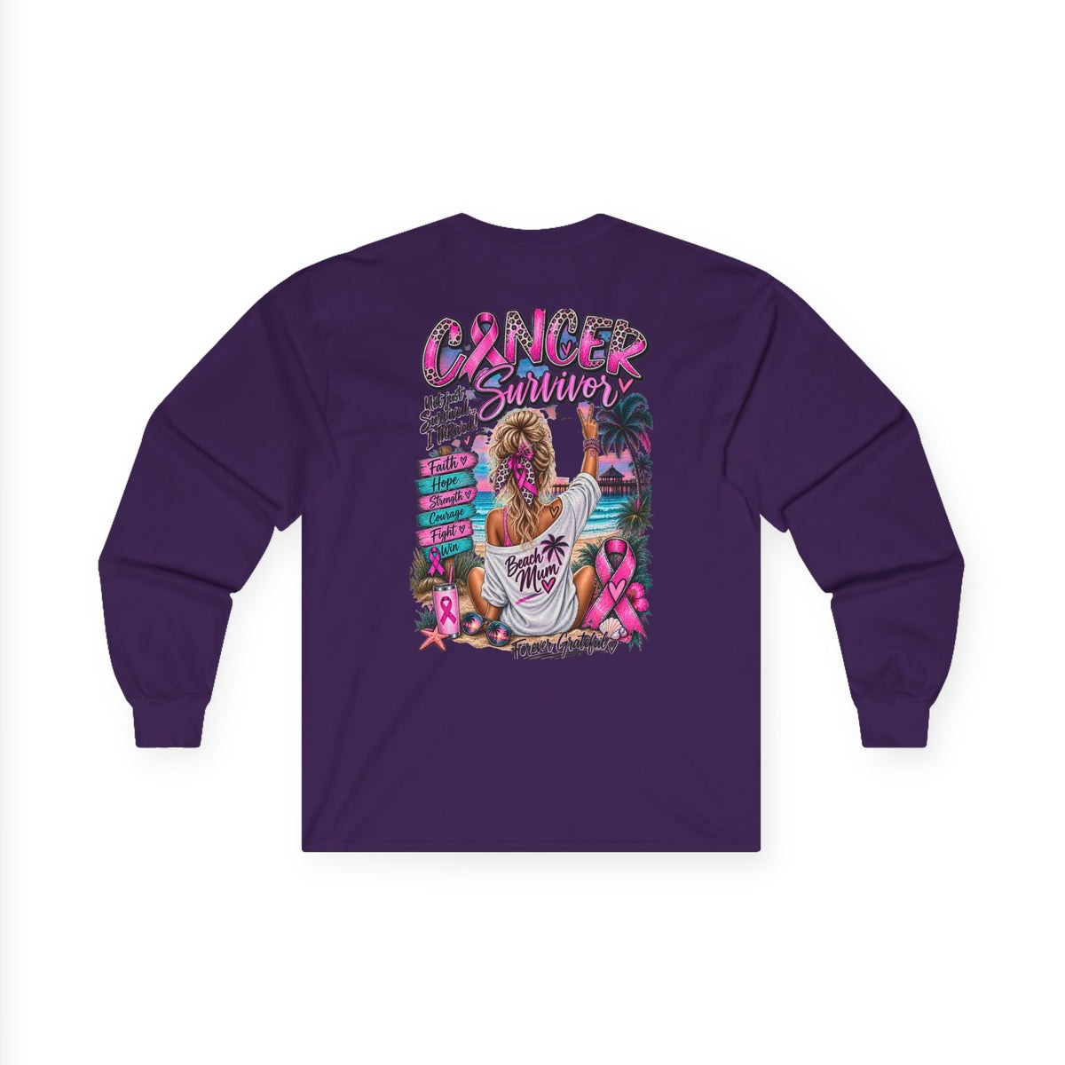 Long Sleeve Tee —  Pink Cancer Survivor Retro Beach Design (Breast Cancer Awareness)