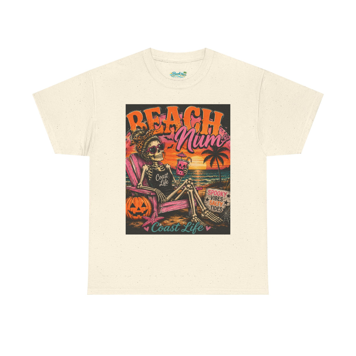 Beach Mum Halloween Tee — Retro Skull, Pumpkin & Sunset Coastal Graphic Tee