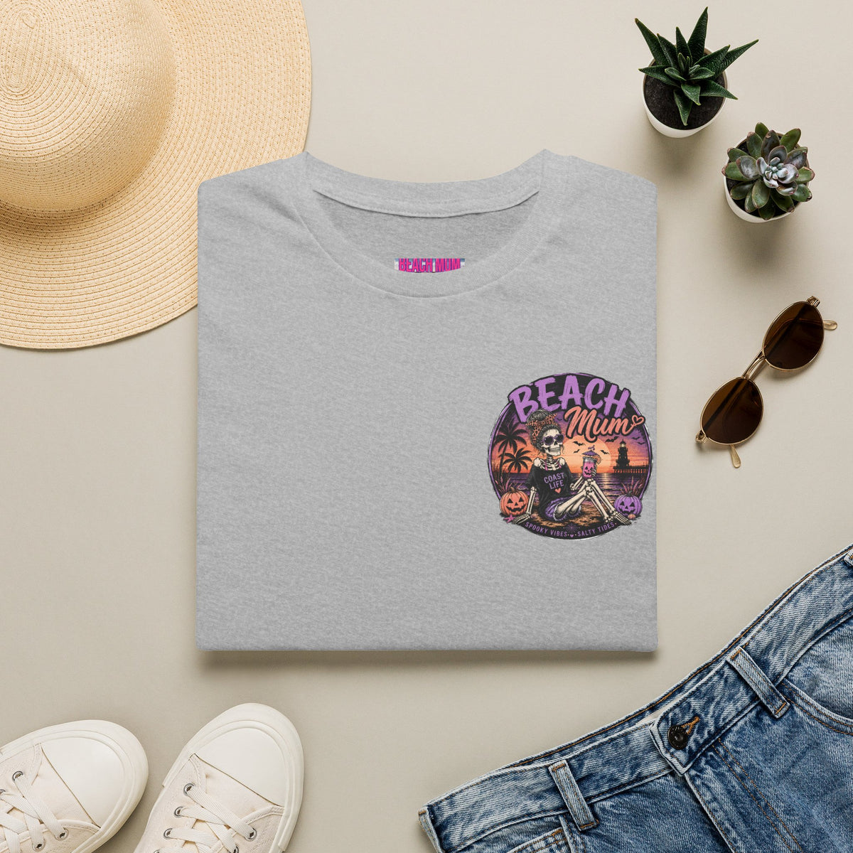 Halloween Beach Mum T-Shirt — Spooky Sunset Bonfire Coastal Mom Tee