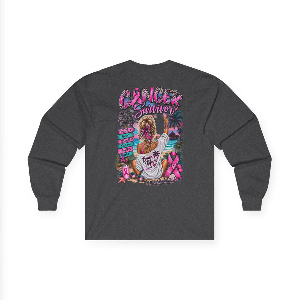 Long Sleeve Tee —  Pink Cancer Survivor Retro Beach Design (Breast Cancer Awareness)