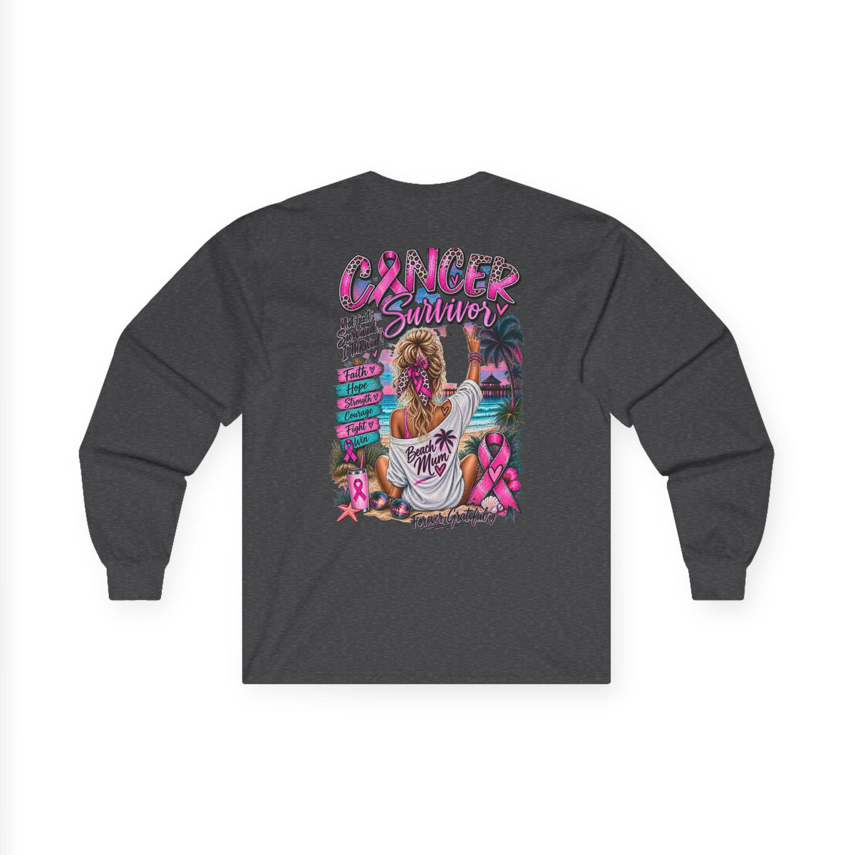 Long Sleeve Tee —  Pink Cancer Survivor Retro Beach Design (Breast Cancer Awareness)