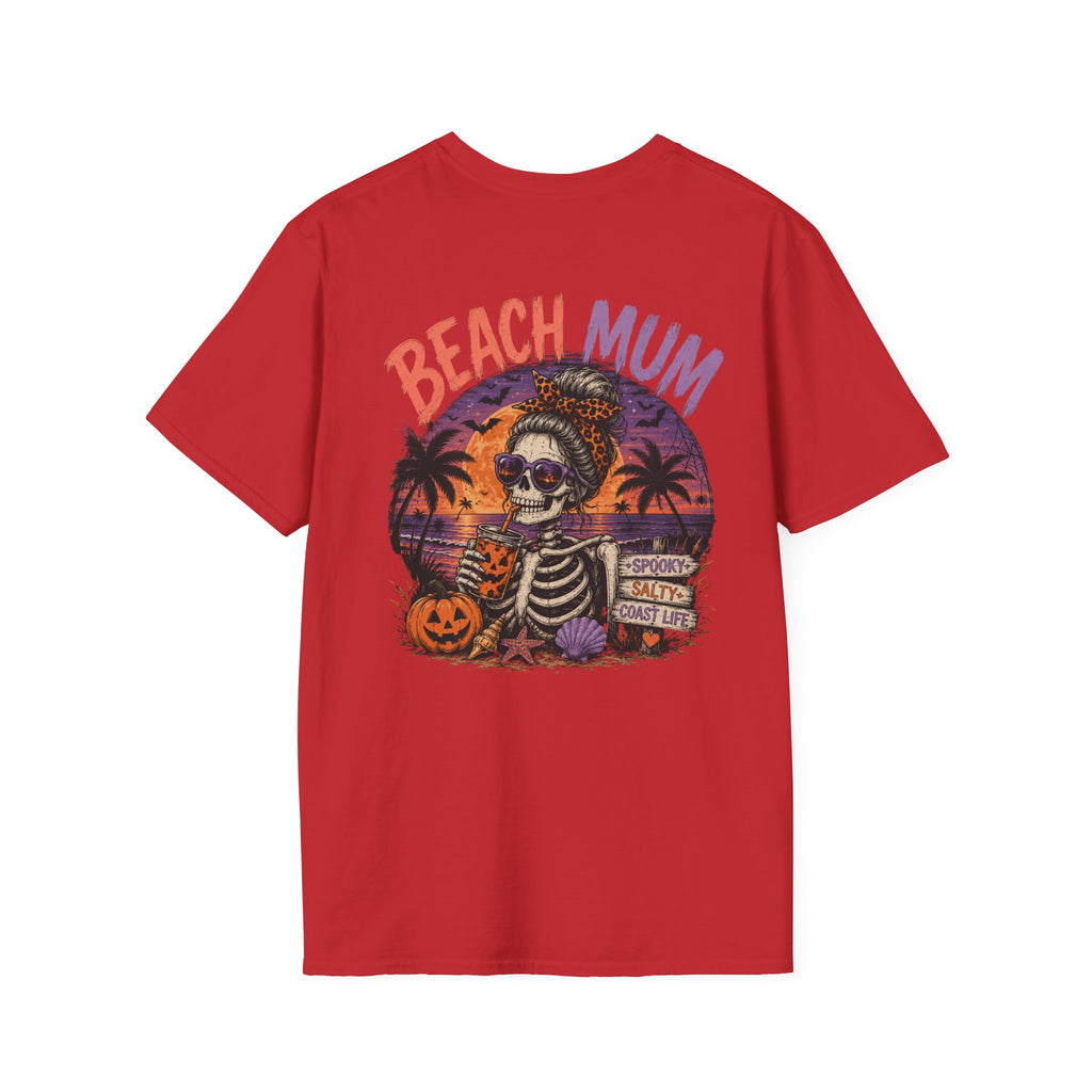 Halloween Beach Mum T-Shirt — Spooky Sunset Bonfire Coastal Mom Tee