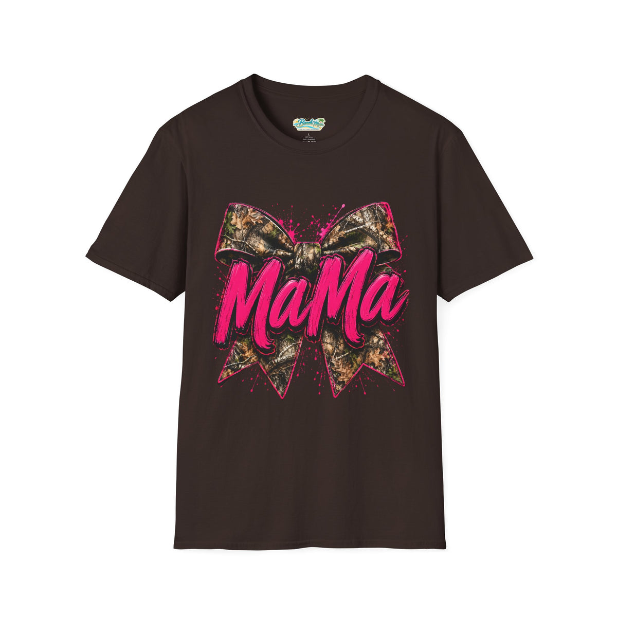 Mama Graphic T-Shirt — Pink Script with Camo Bow