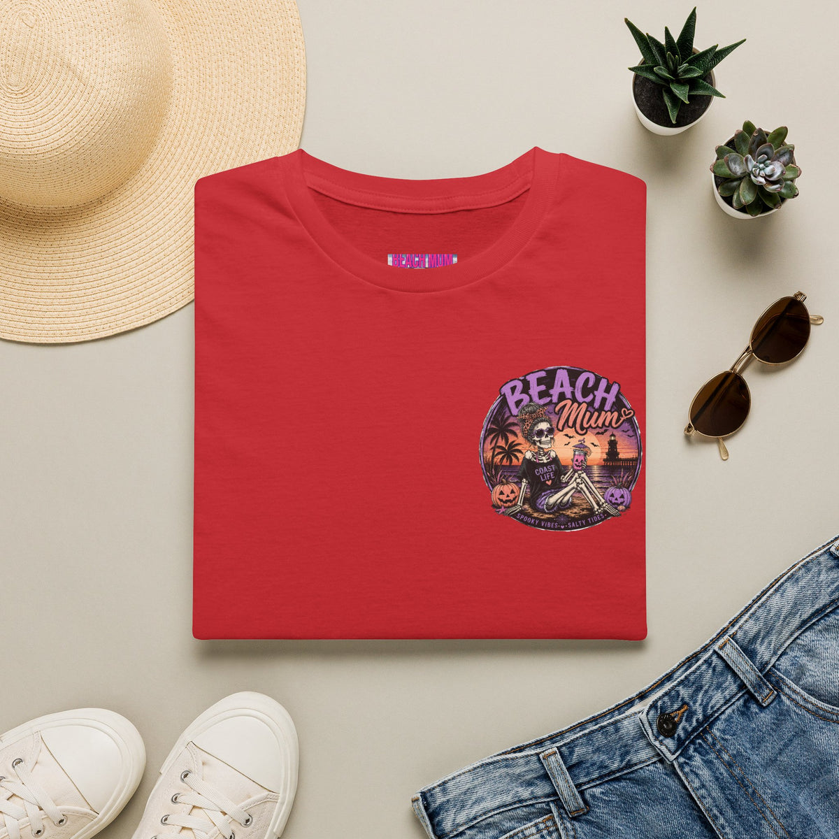 Halloween Beach Mum T-Shirt — Spooky Sunset Bonfire Coastal Mom Tee