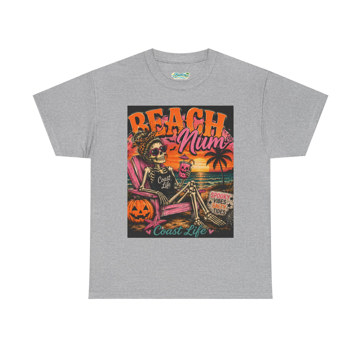 Beach Mum Halloween Tee — Retro Skull, Pumpkin & Sunset Coastal Graphic Tee
