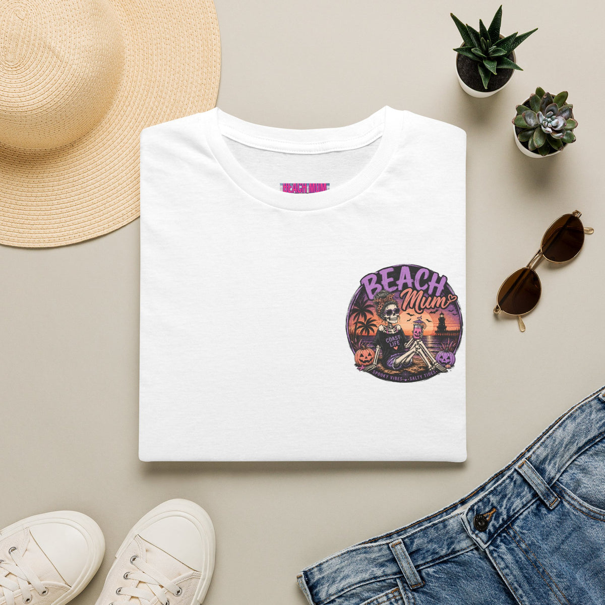 Halloween Beach Mum T-Shirt — Spooky Sunset Bonfire Coastal Mom Tee