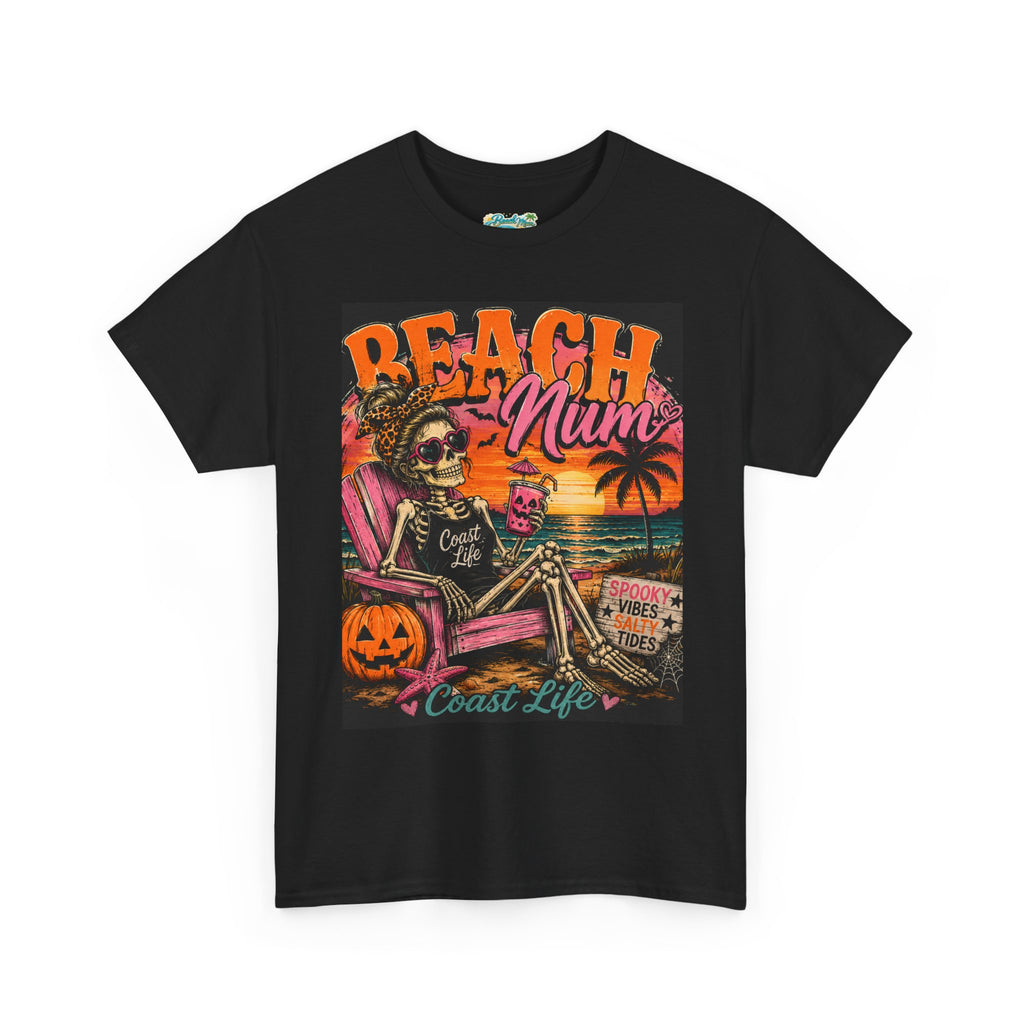 Beach Mum Halloween Tee — Retro Skull, Pumpkin & Sunset Coastal Graphic Tee