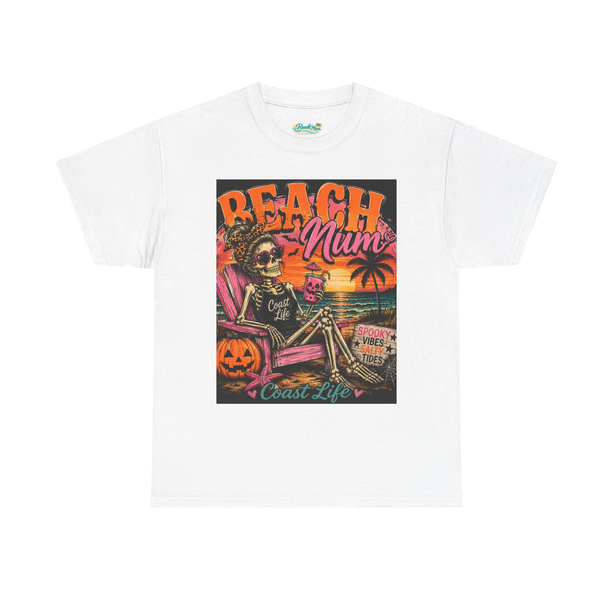 Beach Mum Halloween Tee — Retro Skull, Pumpkin & Sunset Coastal Graphic Tee
