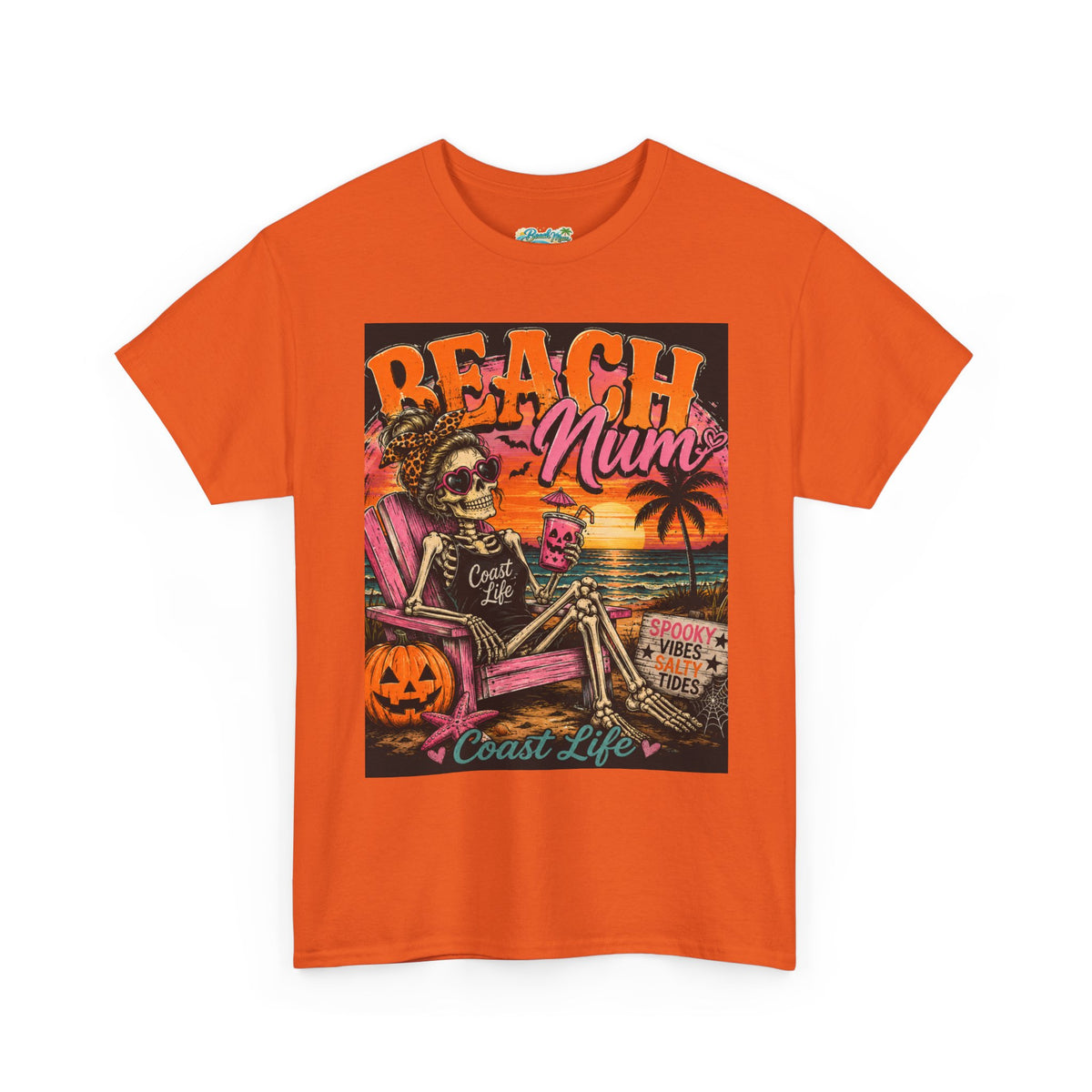 Beach Mum Halloween Tee — Retro Skull, Pumpkin & Sunset Coastal Graphic Tee