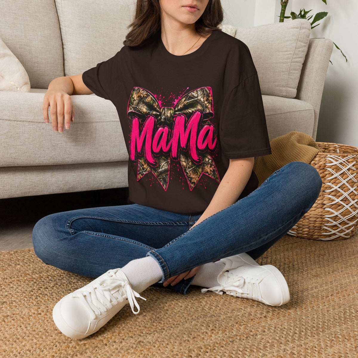 Mama Graphic T-Shirt — Pink Script with Camo Bow