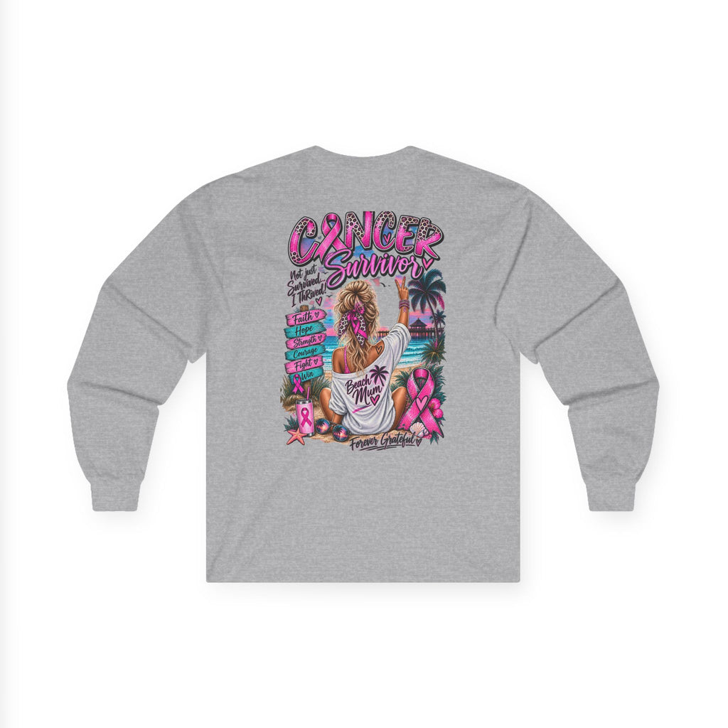 Long Sleeve Tee —  Pink Cancer Survivor Retro Beach Design (Breast Cancer Awareness)
