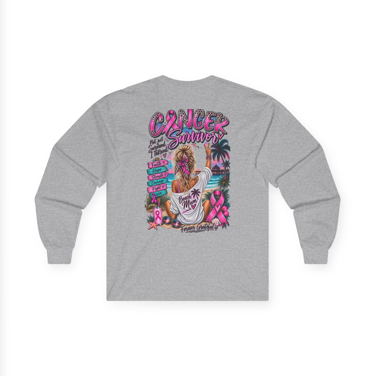 Long Sleeve Tee —  Pink Cancer Survivor Retro Beach Design (Breast Cancer Awareness)