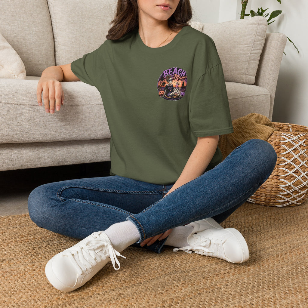 Halloween Beach Mum T-Shirt — Spooky Sunset Bonfire Coastal Mom Tee