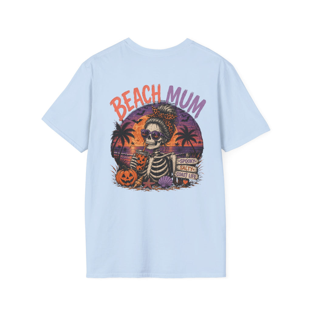 Halloween Beach Mum T-Shirt — Spooky Sunset Bonfire Coastal Mom Tee