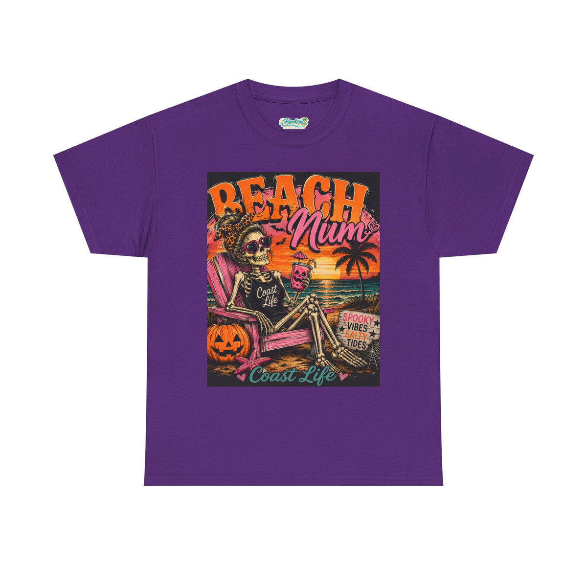 Beach Mum Halloween Tee — Retro Skull, Pumpkin & Sunset Coastal Graphic Tee