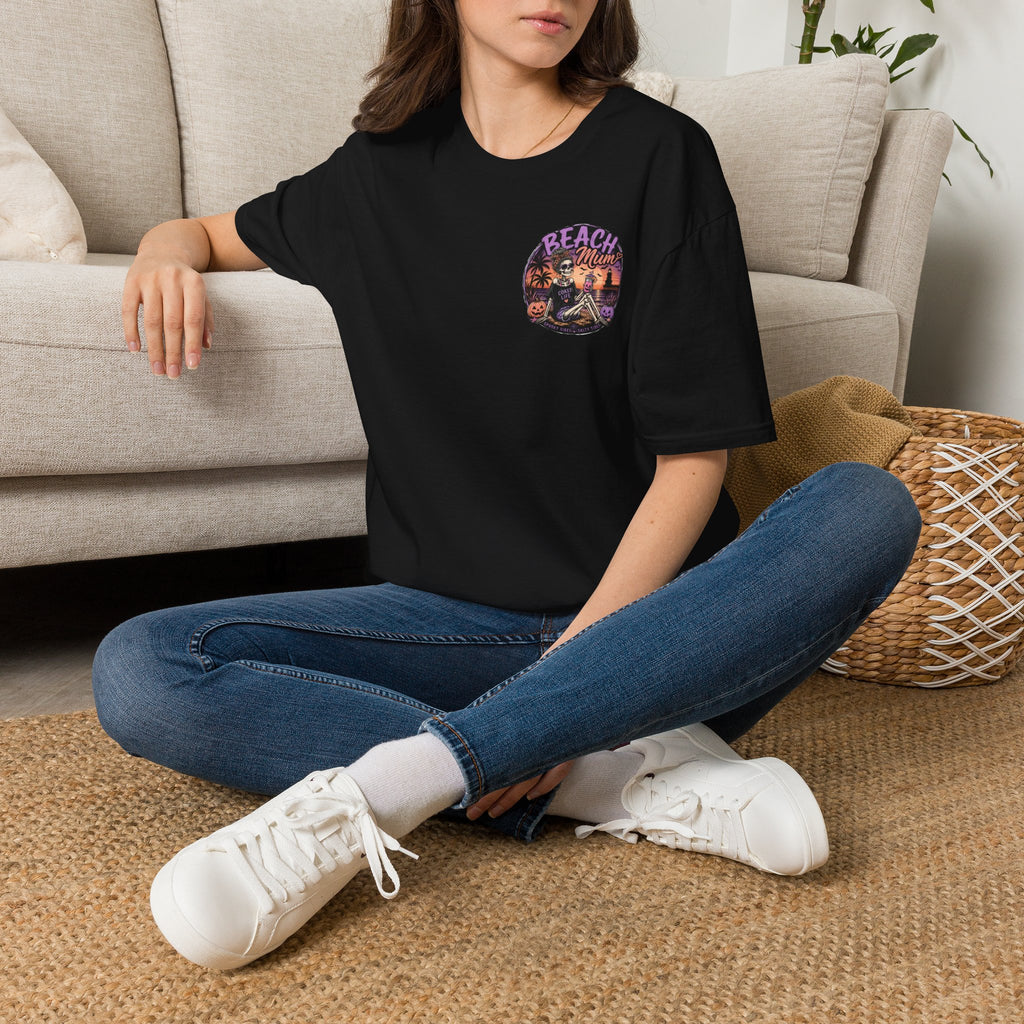 Halloween Beach Mum T-Shirt — Spooky Sunset Bonfire Coastal Mom Tee