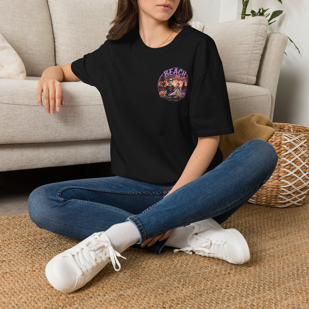 Halloween Beach Mum T-Shirt — Spooky Sunset Bonfire Coastal Mom Tee