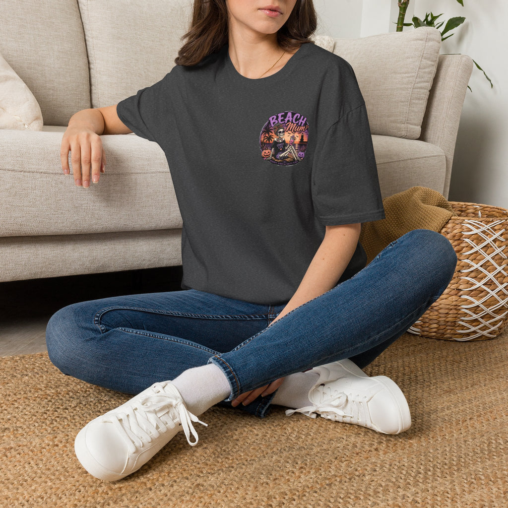 Halloween Beach Mum T-Shirt — Spooky Sunset Bonfire Coastal Mom Tee