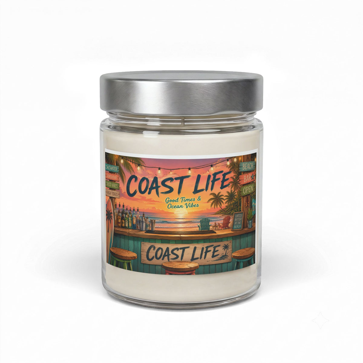 Coast Life Soy Candle 9oz — Beach Vibes Jar Candle (ocean breeze, tropical bar scent)
