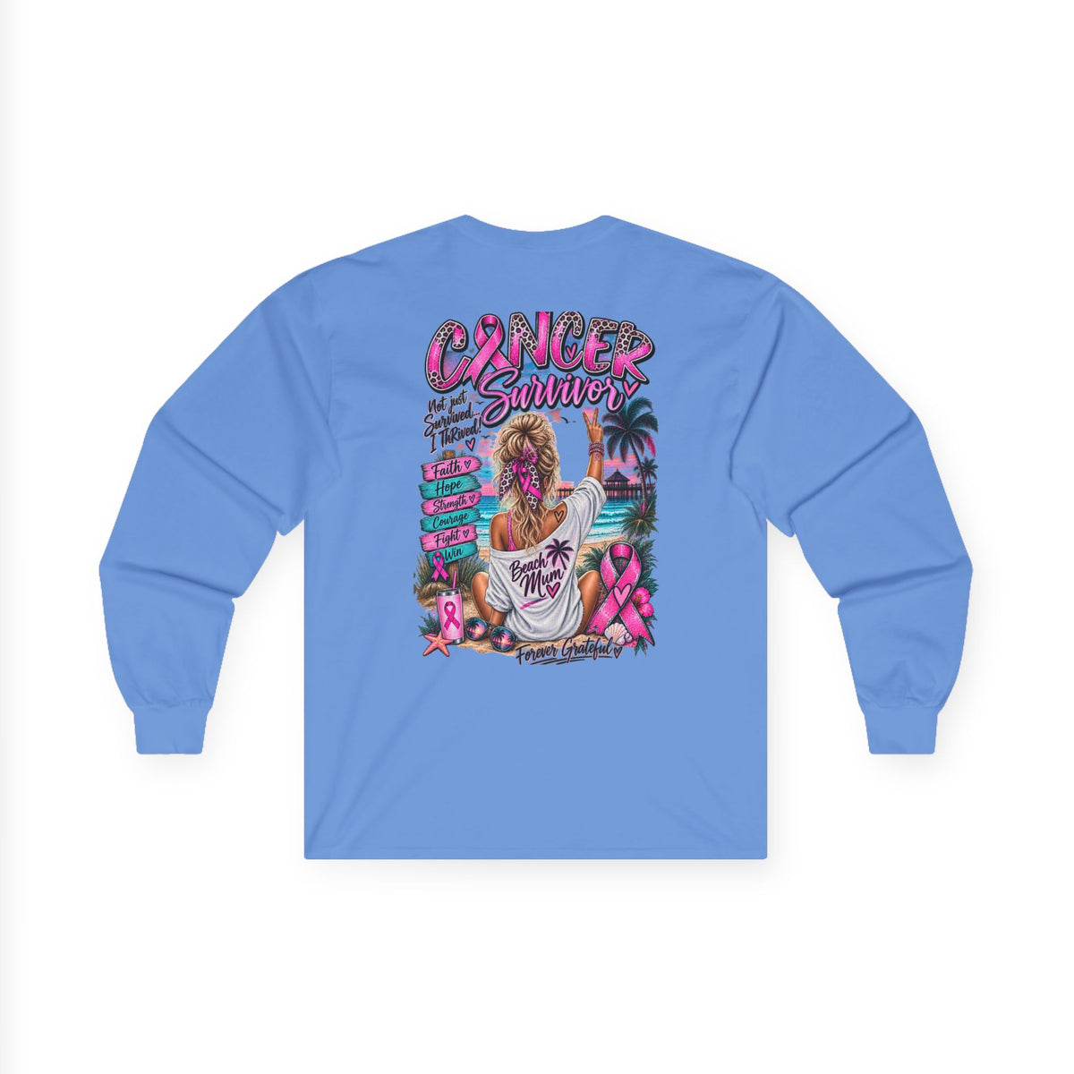Long Sleeve Tee —  Pink Cancer Survivor Retro Beach Design (Breast Cancer Awareness)