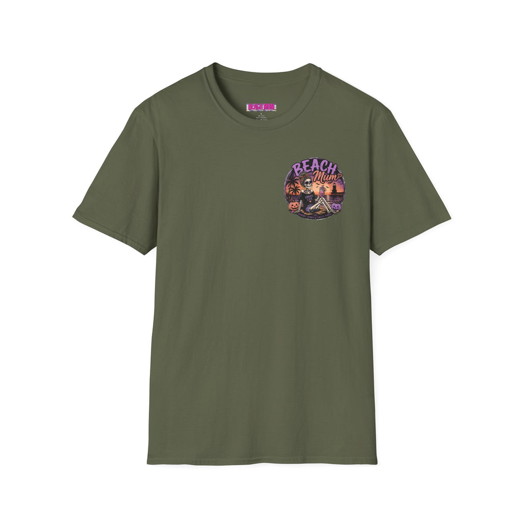 Halloween Beach Mum T-Shirt — Spooky Sunset Bonfire Coastal Mom Tee