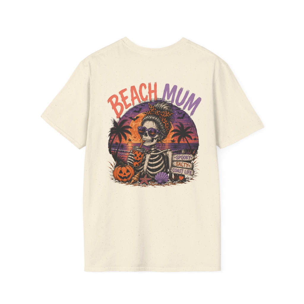 Halloween Beach Mum T-Shirt — Spooky Sunset Bonfire Coastal Mom Tee