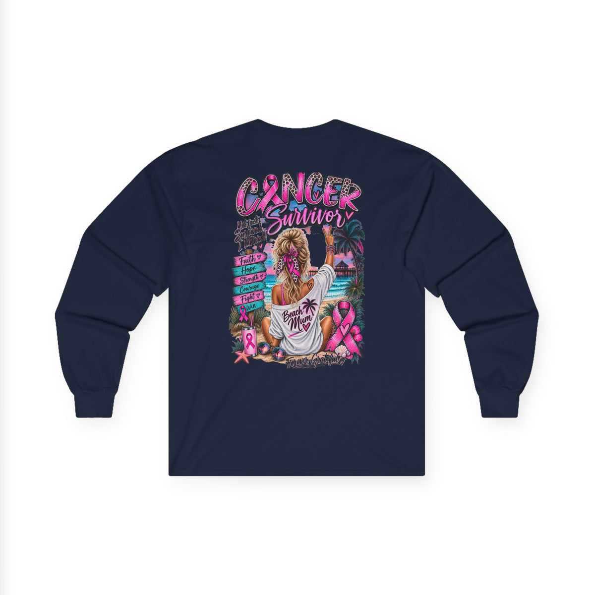 Long Sleeve Tee —  Pink Cancer Survivor Retro Beach Design (Breast Cancer Awareness)