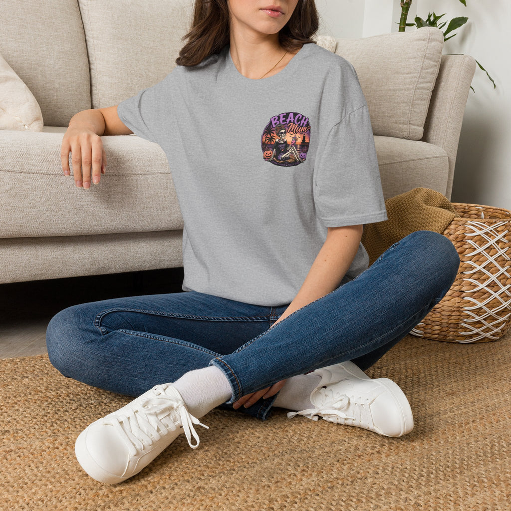 Halloween Beach Mum T-Shirt — Spooky Sunset Bonfire Coastal Mom Tee