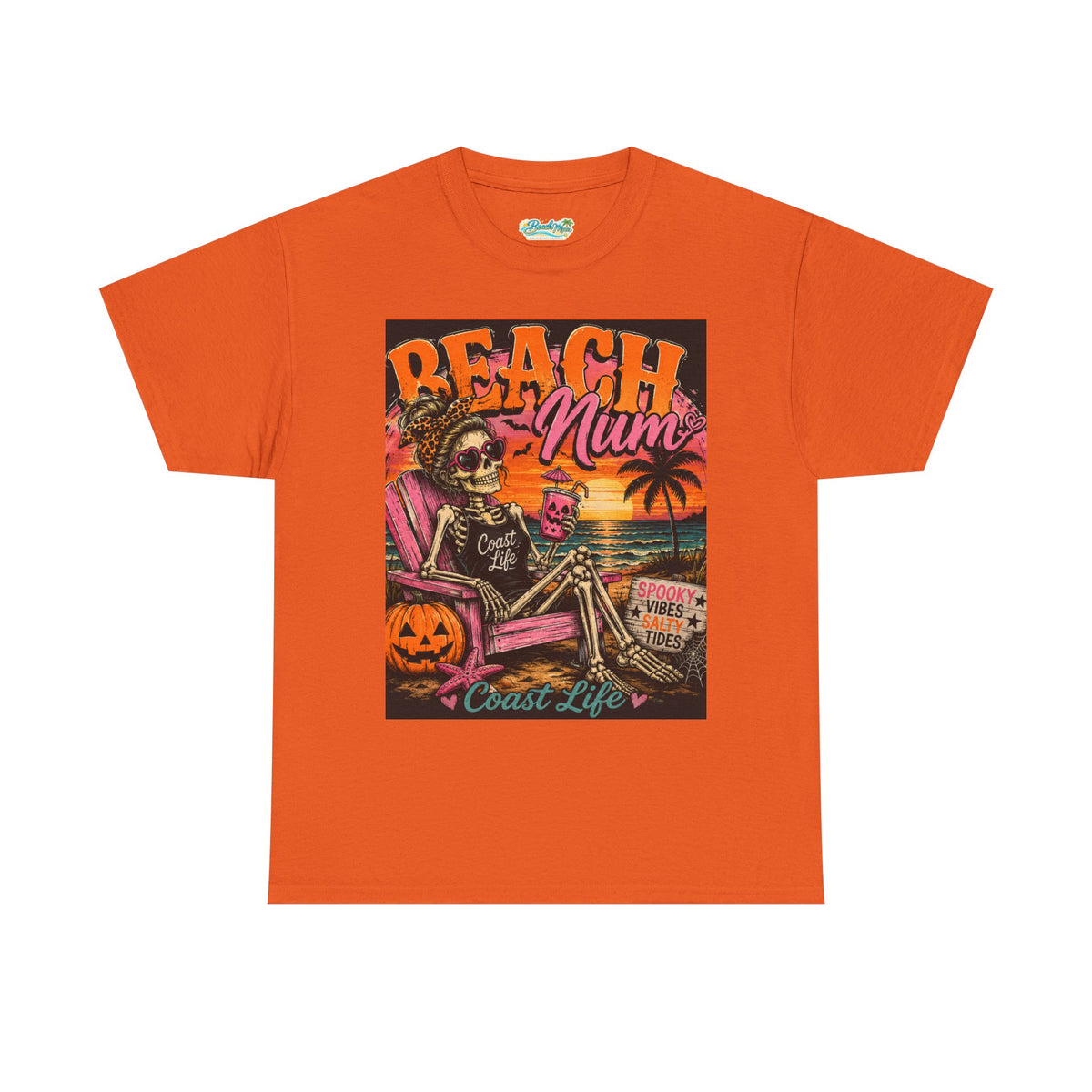 Beach Mum Halloween Tee — Retro Skull, Pumpkin & Sunset Coastal Graphic Tee