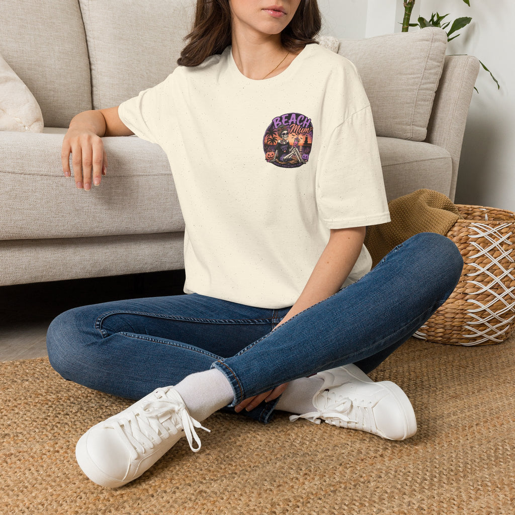 Halloween Beach Mum T-Shirt — Spooky Sunset Bonfire Coastal Mom Tee