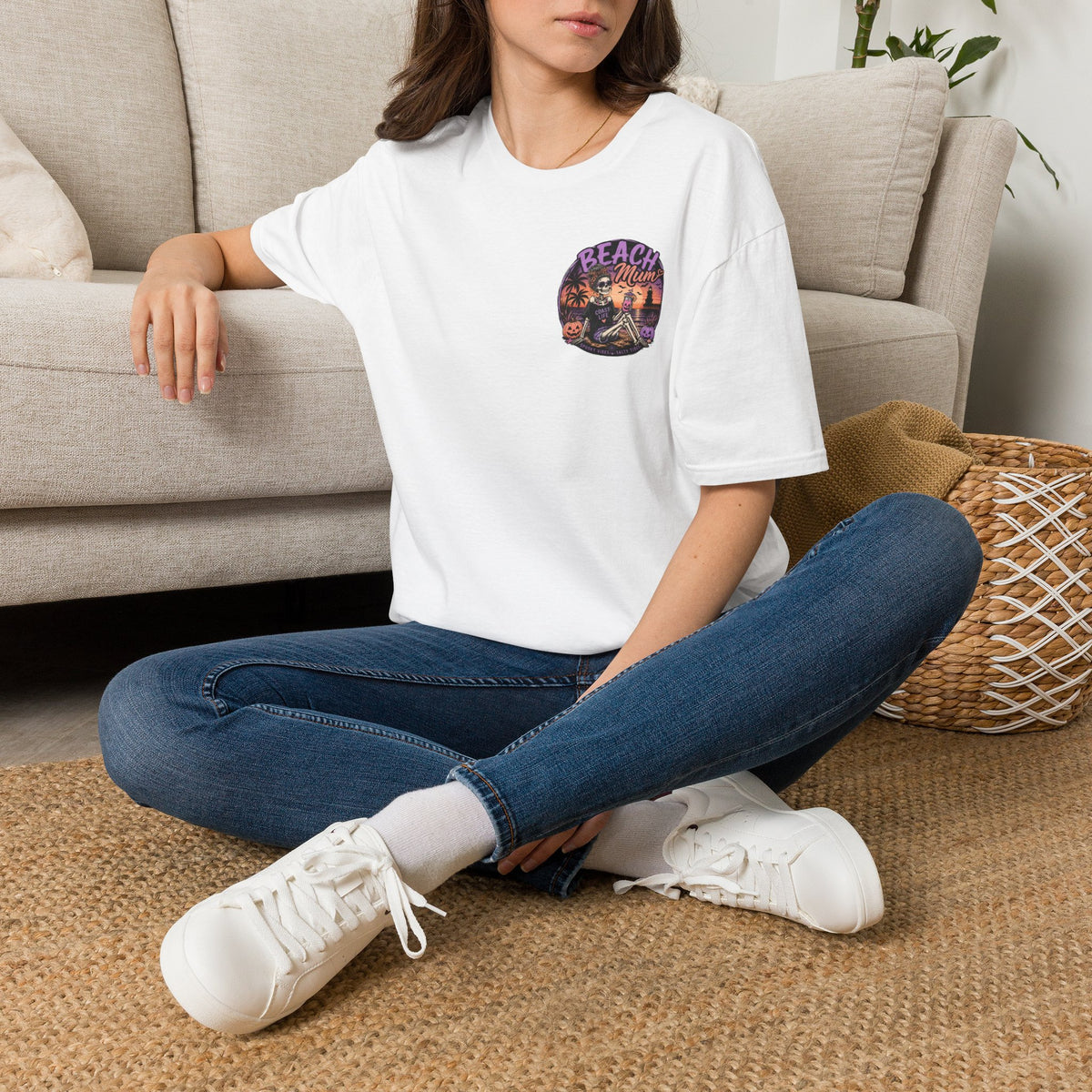 Halloween Beach Mum T-Shirt — Spooky Sunset Bonfire Coastal Mom Tee