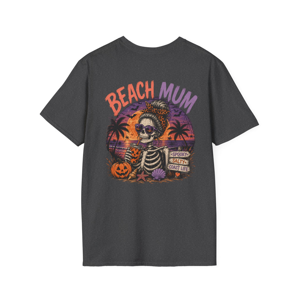 Halloween Beach Mum T-Shirt — Spooky Sunset Bonfire Coastal Mom Tee