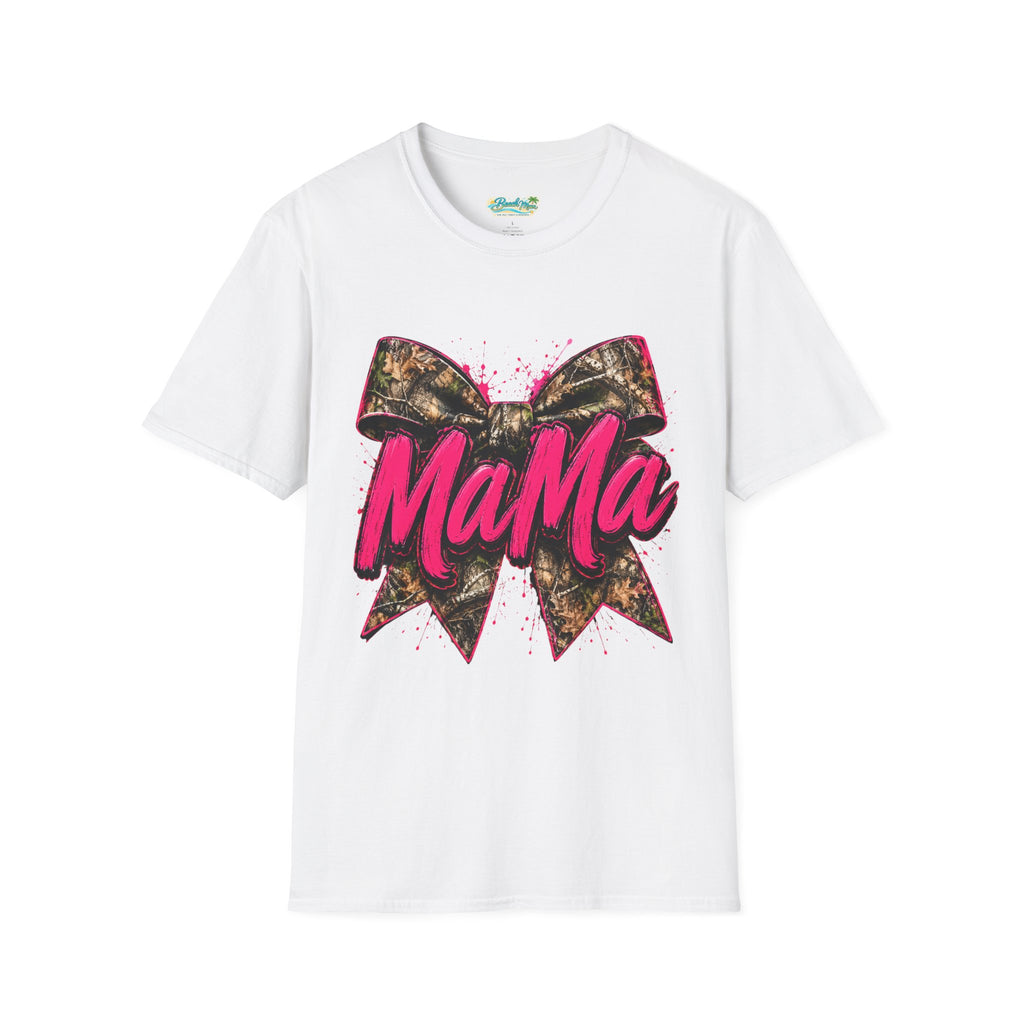 Mama Graphic T-Shirt — Pink Script with Camo Bow