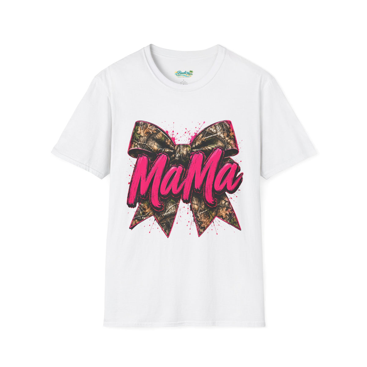 Mama Graphic T-Shirt — Pink Script with Camo Bow