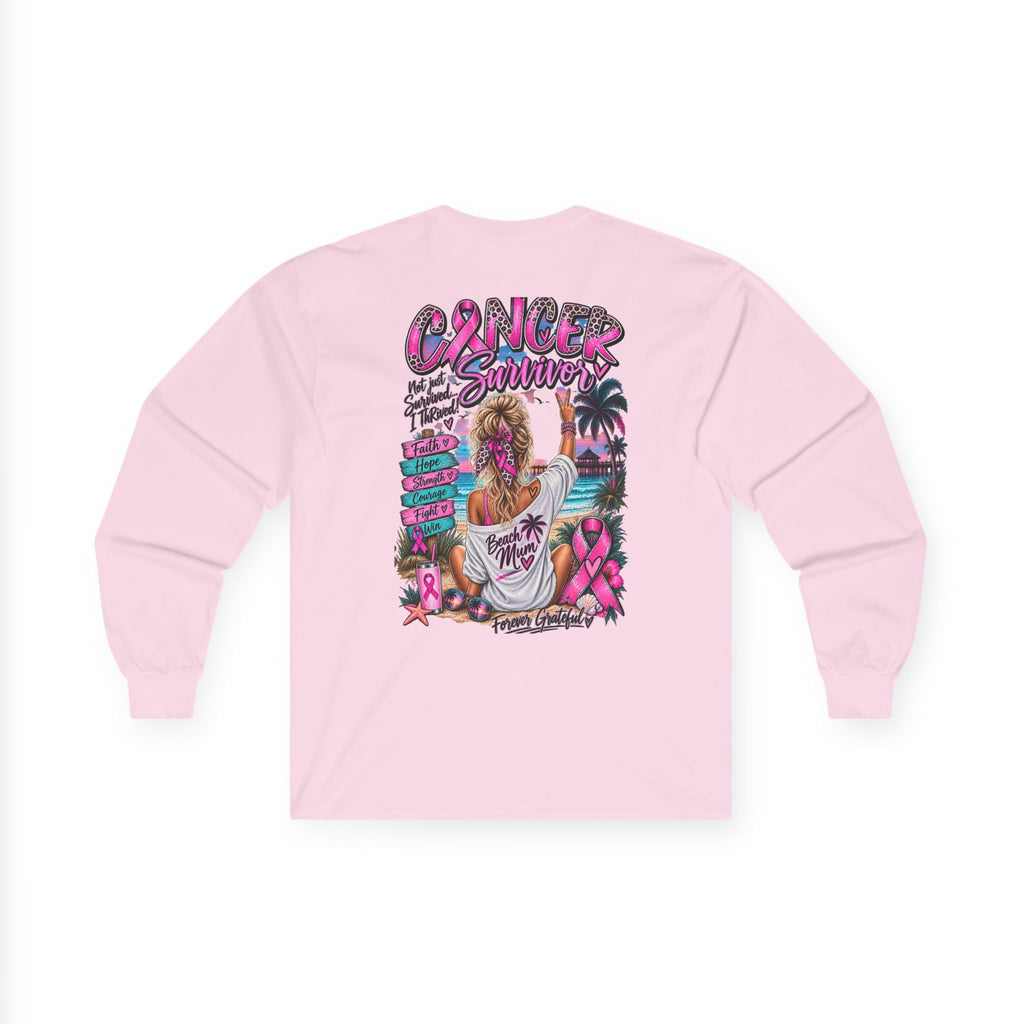 Long Sleeve Tee —  Pink Cancer Survivor Retro Beach Design (Breast Cancer Awareness)