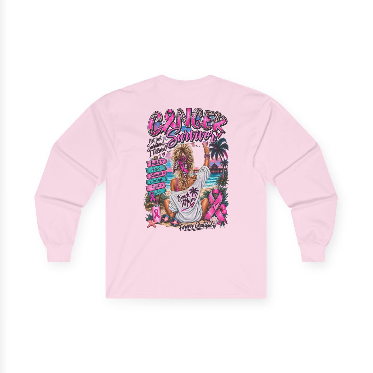 Long Sleeve Tee —  Pink Cancer Survivor Retro Beach Design (Breast Cancer Awareness)