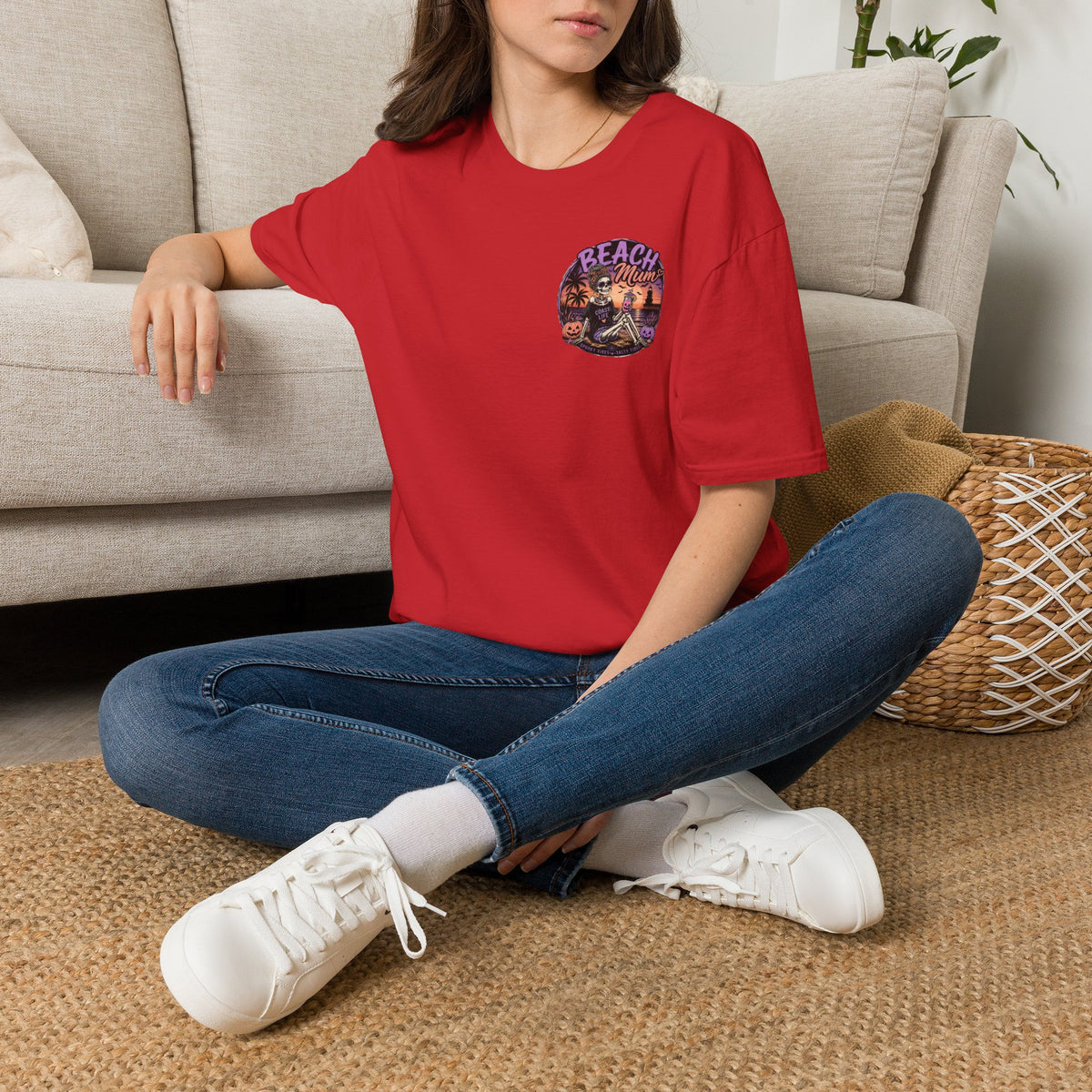 Halloween Beach Mum T-Shirt — Spooky Sunset Bonfire Coastal Mom Tee