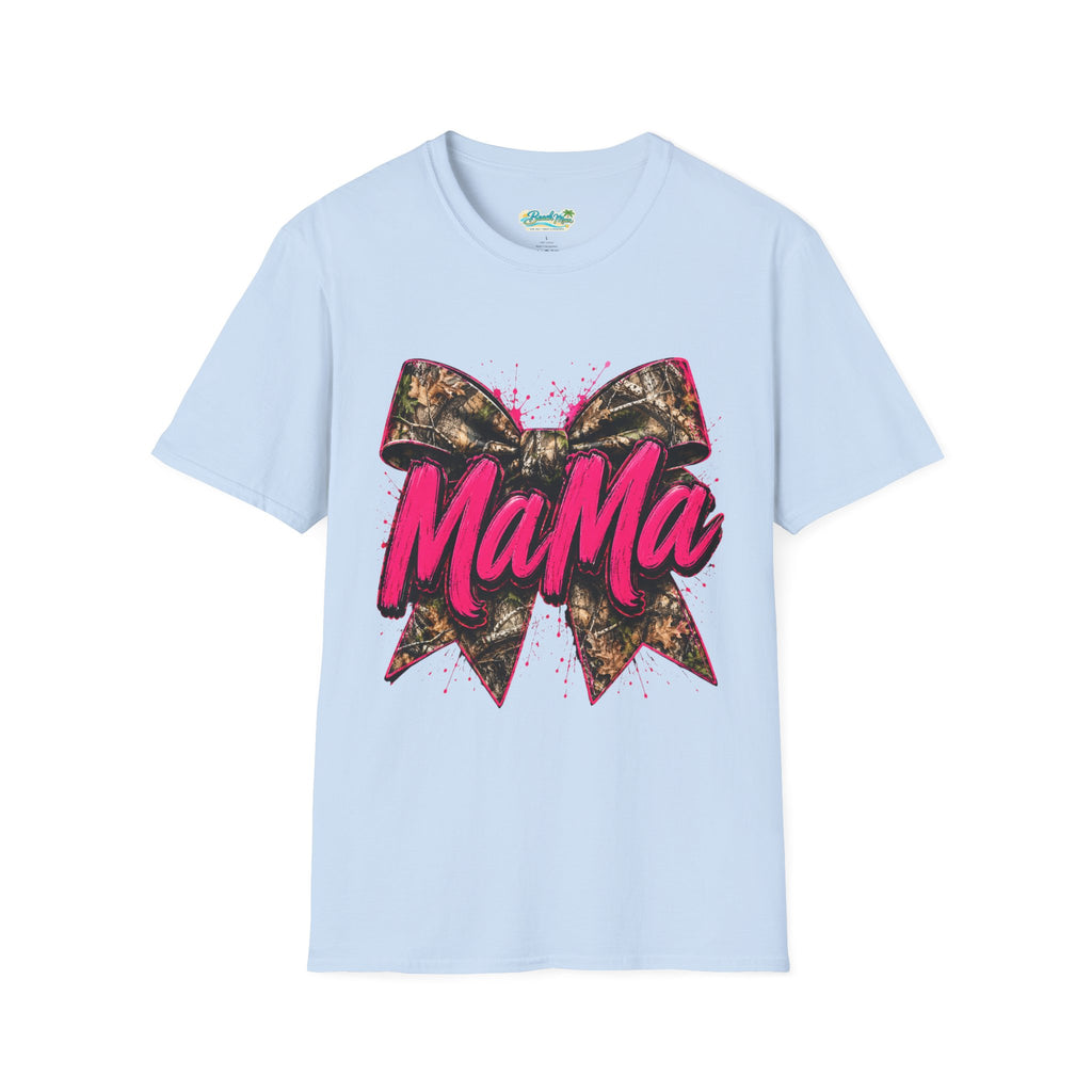 Mama Graphic T-Shirt — Pink Script with Camo Bow
