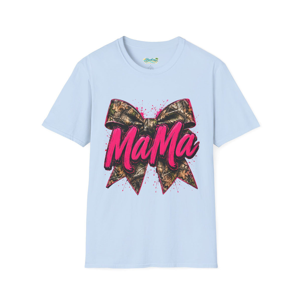 Mama Graphic T-Shirt — Pink Script with Camo Bow