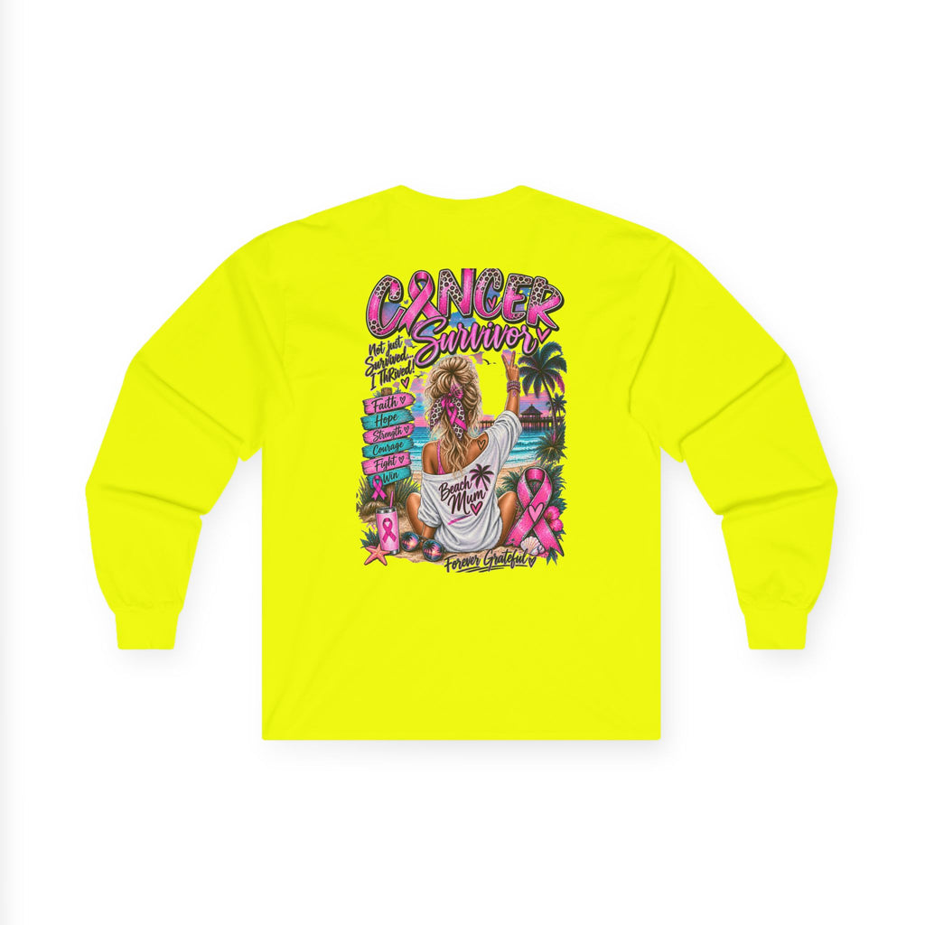 Long Sleeve Tee —  Pink Cancer Survivor Retro Beach Design (Breast Cancer Awareness)