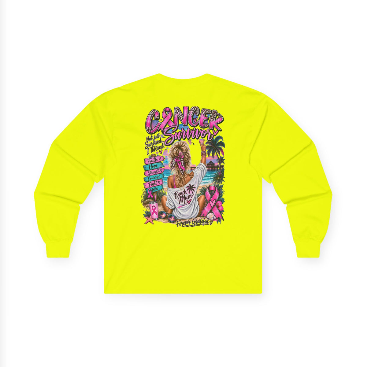 Long Sleeve Tee —  Pink Cancer Survivor Retro Beach Design (Breast Cancer Awareness)
