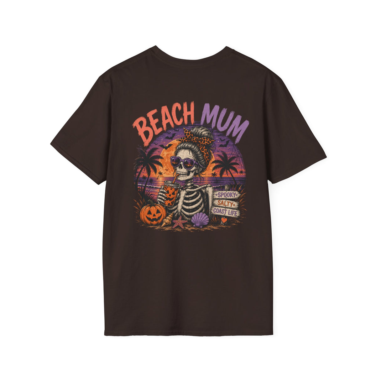 Halloween Beach Mum T-Shirt — Spooky Sunset Bonfire Coastal Mom Tee