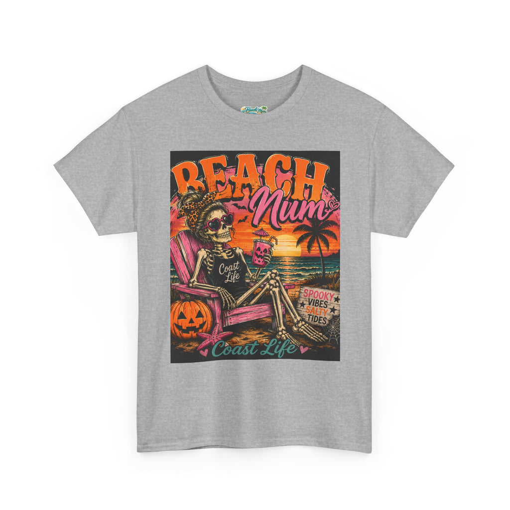 Beach Mum Halloween Tee — Retro Skull, Pumpkin & Sunset Coastal Graphic Tee