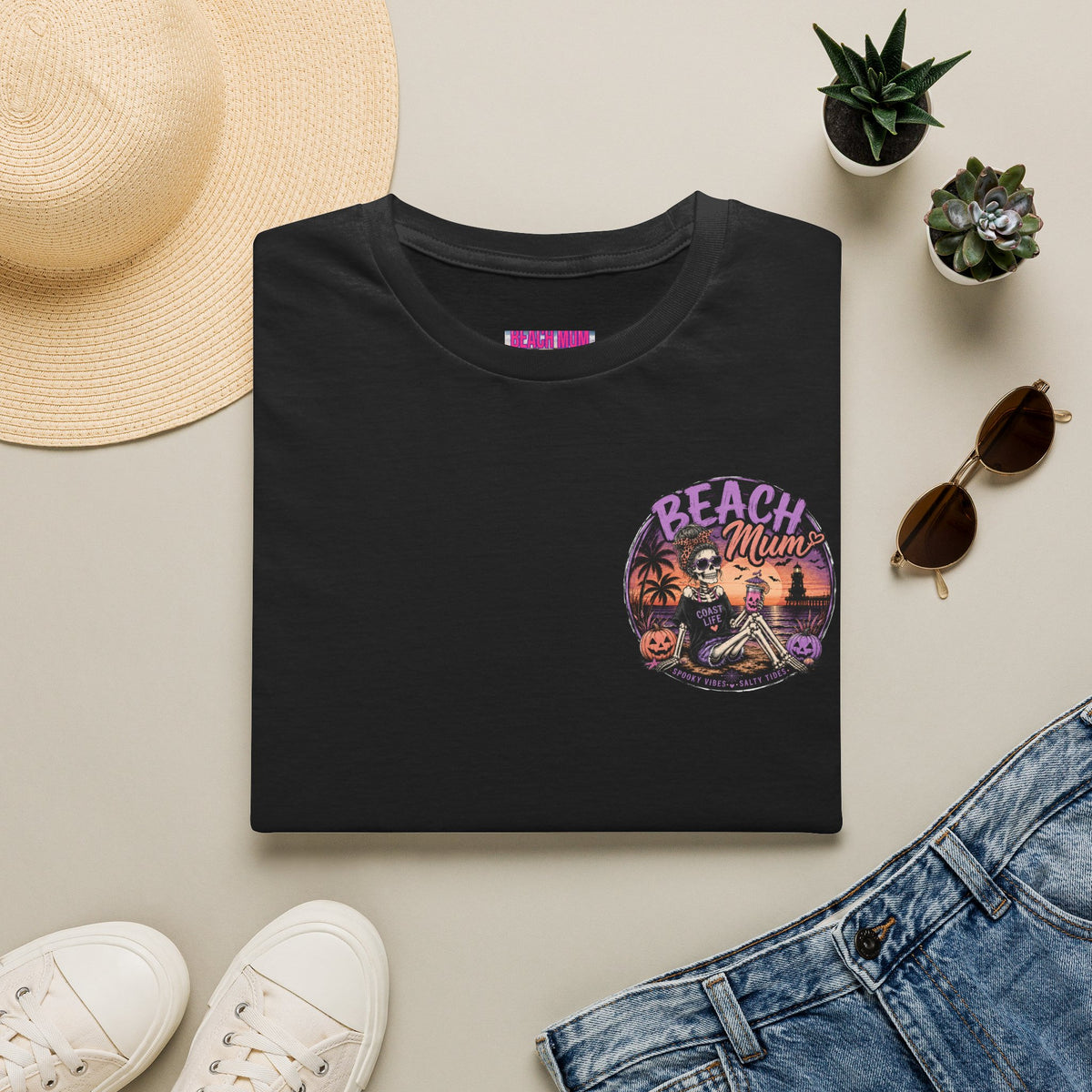 Halloween Beach Mum T-Shirt — Spooky Sunset Bonfire Coastal Mom Tee