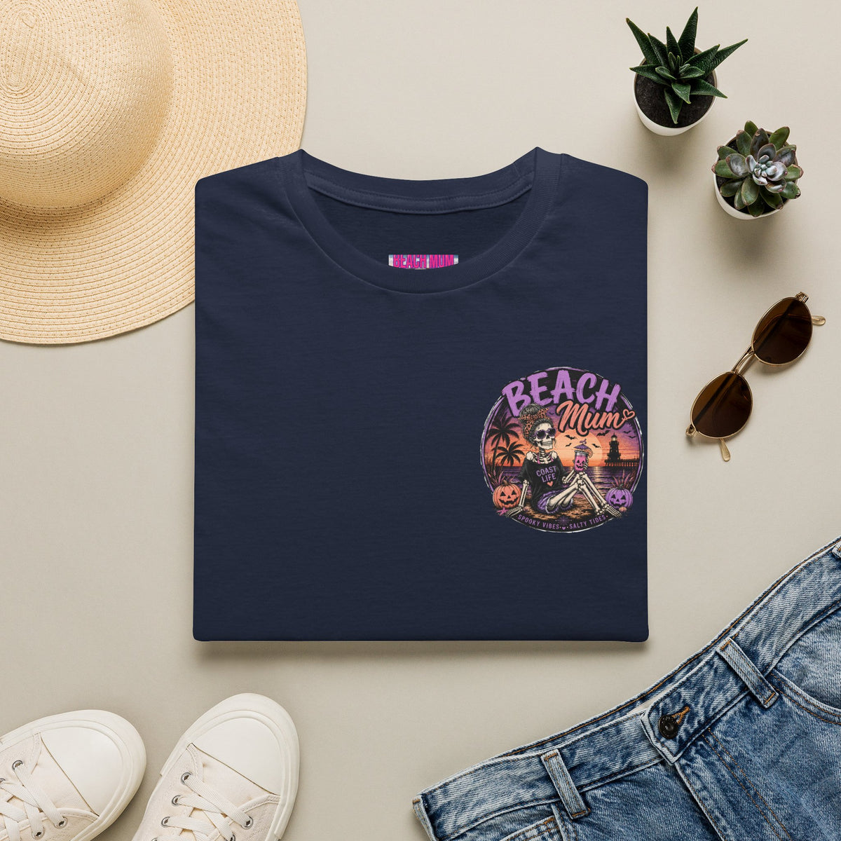Halloween Beach Mum T-Shirt — Spooky Sunset Bonfire Coastal Mom Tee